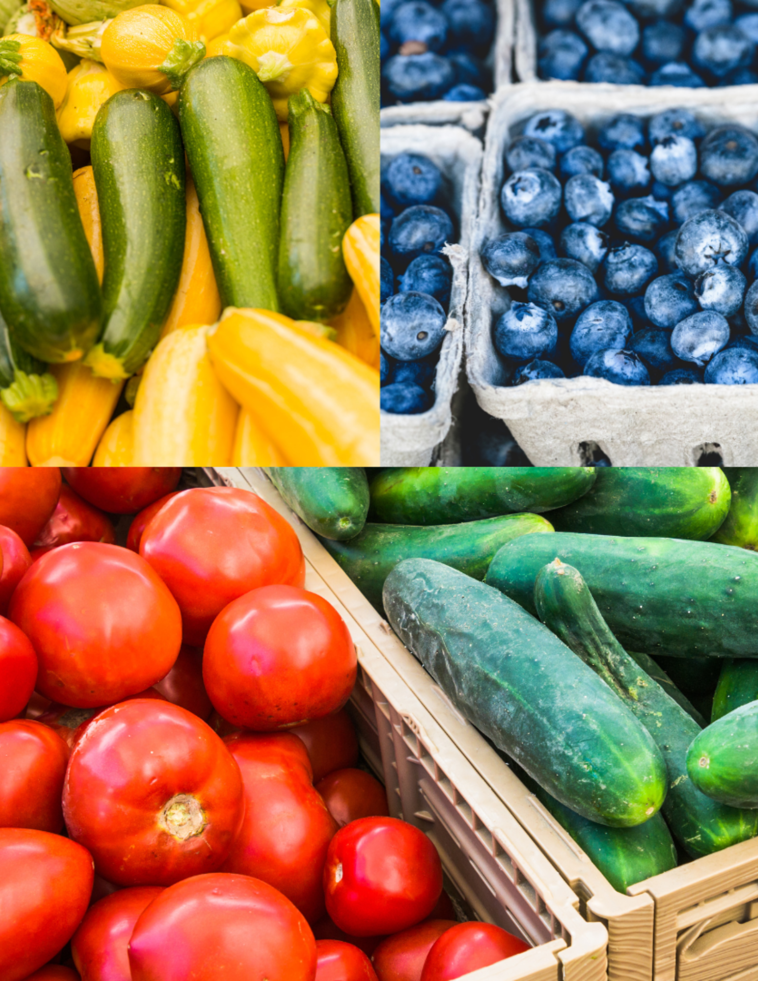 Four square frames with different colorful produce in each