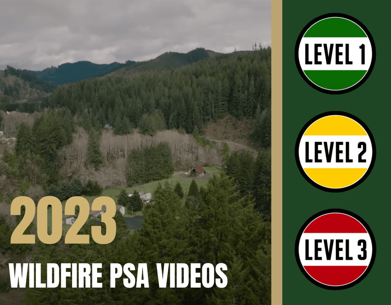 Text reads 2023 Wildfire PSA Videos. Trees and house in background. 