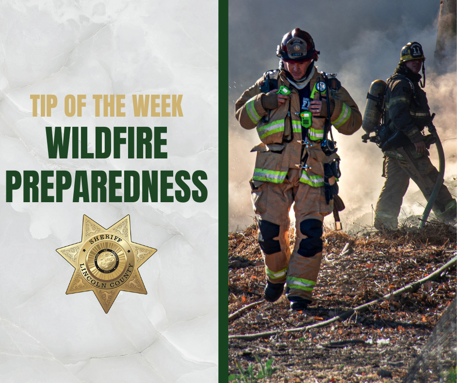 Tip of the Week Images - Wildfire Preparedness. Photo of firefighter walking in smoke outdoors.