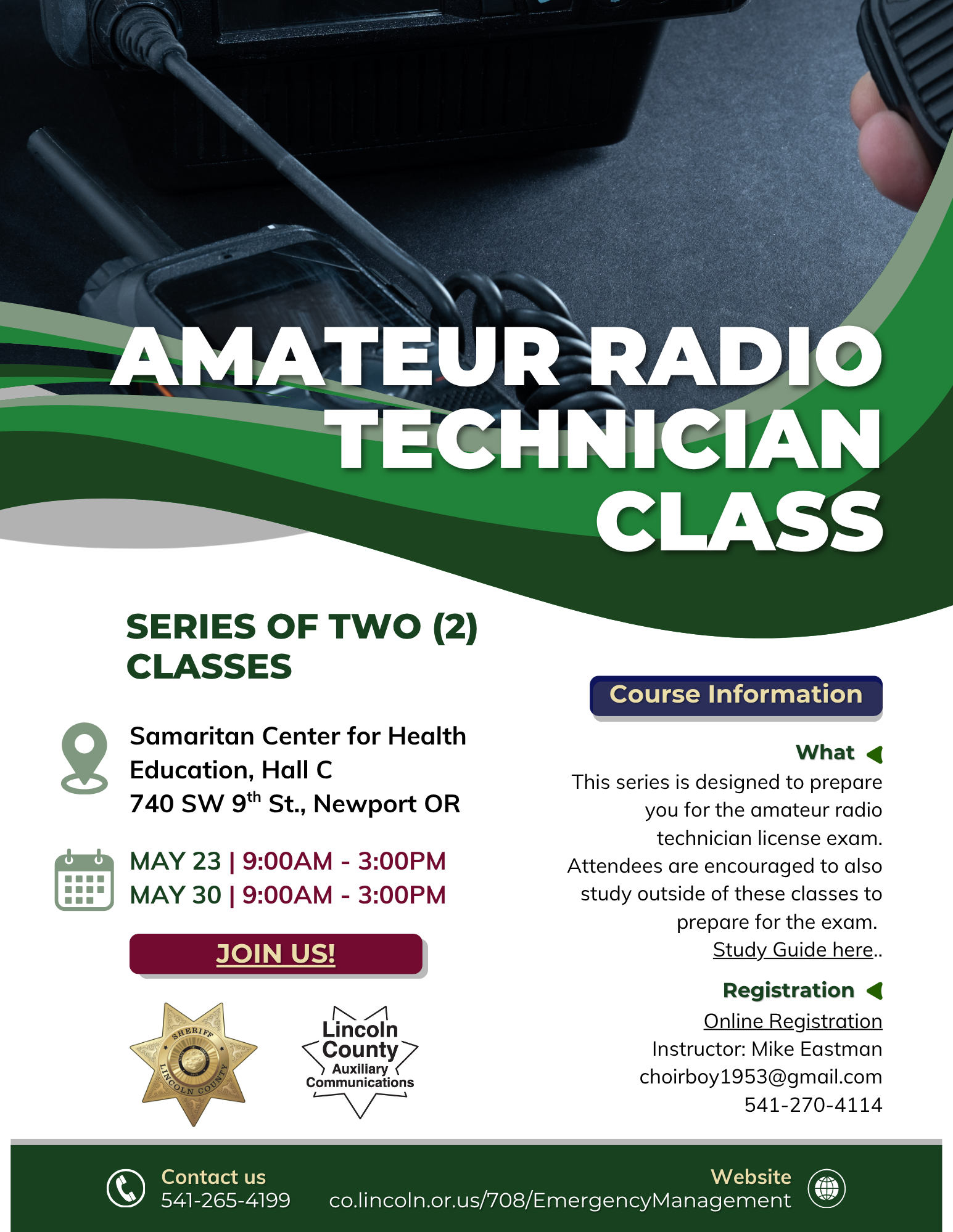 Amateur Radio Tech Class 2026 flier. The series is designed to prepare you for the amateur radio tec
