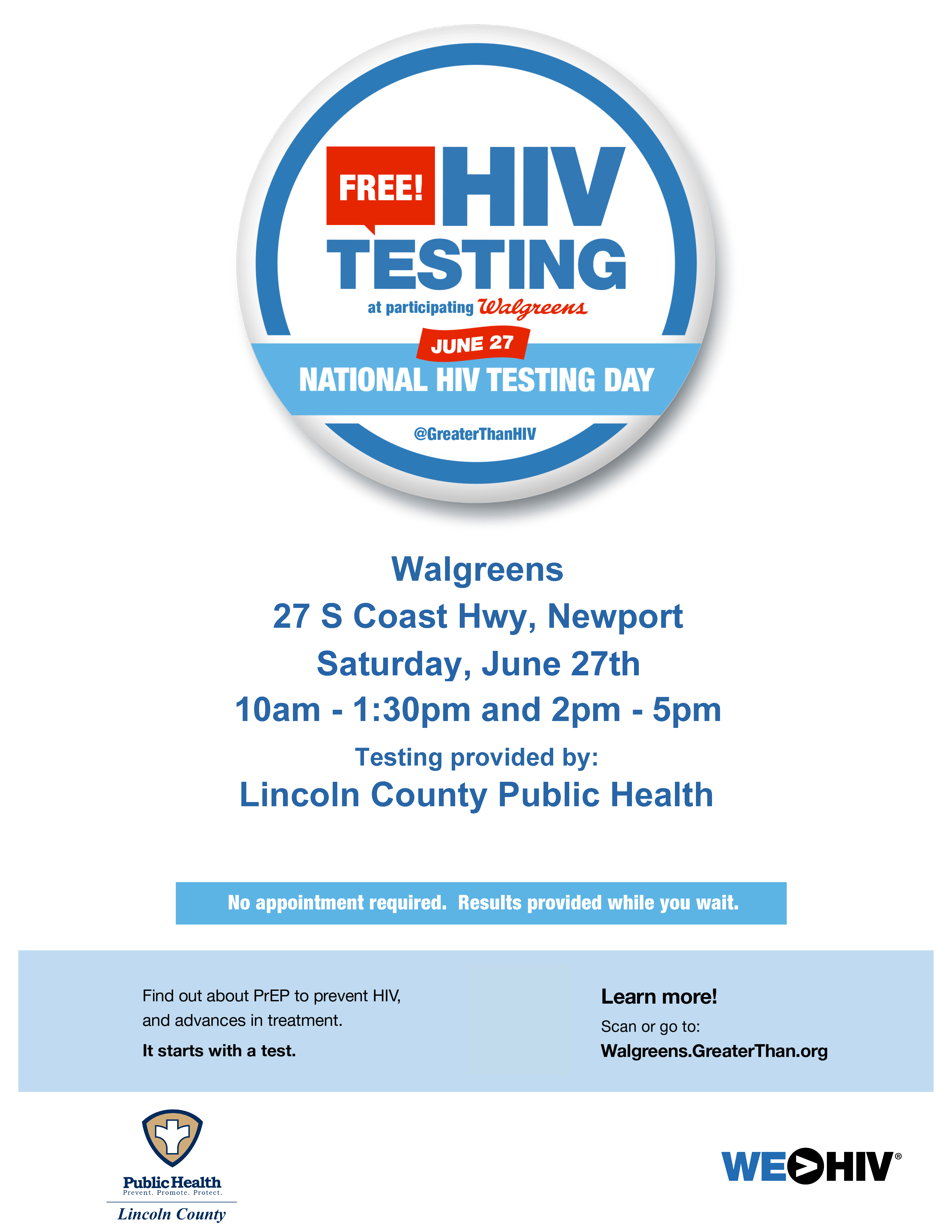 flyer for free HIV testing at Walgreens on June 27, featuring details about the location, time, and 