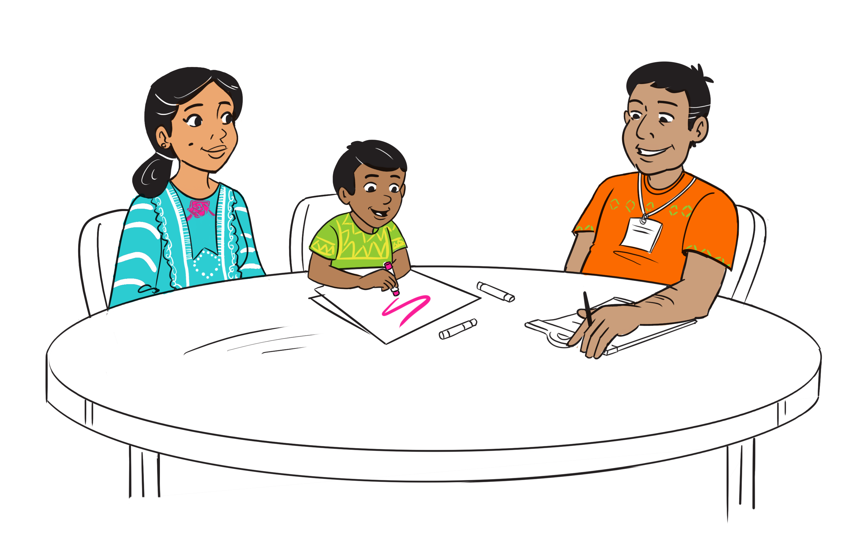 Mother, child, and staff sit at table while child colors