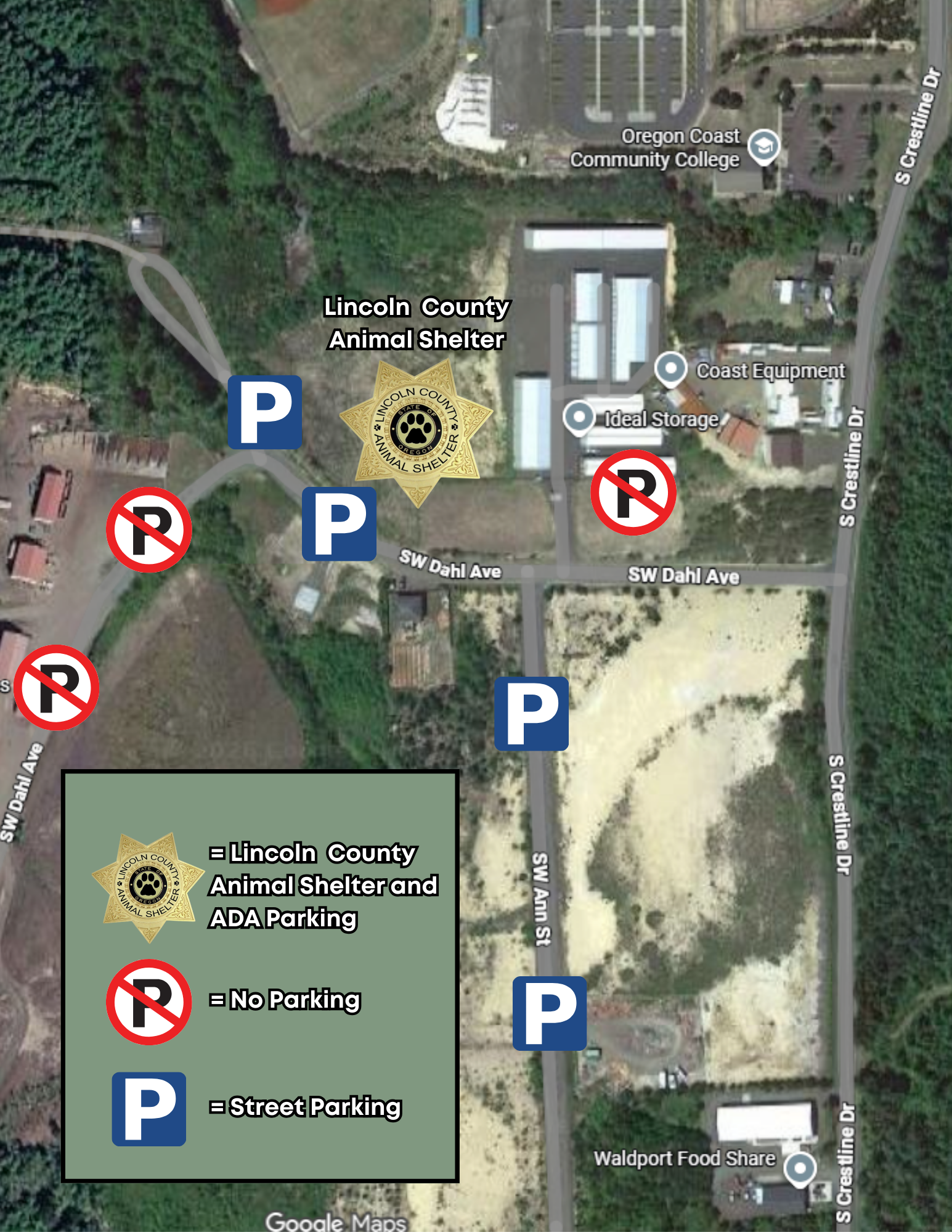 Map of parking areas for the Ribbon Cutting event. 